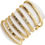 IFKM Gold Bangle Bracelets For Women, 14k Gold Plated Multi Layer Stackable Cuff Bracelet Set, Trendy Elegance Charms Non Tarnish Minimalist Textured Boho Jewelry Gift for Women