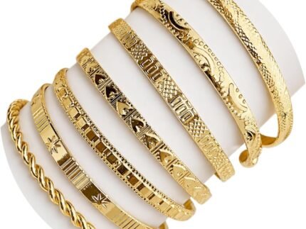 IFKM Gold Bangle Bracelets For Women, 14k Gold Plated Multi Layer Stackable Cuff Bracelet Set, Trendy Elegance Charms Non Tarnish Minimalist Textured Boho Jewelry Gift for Women