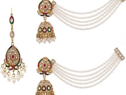Indian Gold Bahubali Earrings with Ear Kaan Chain Maang Tikka for Women Ethnic Bollywood Traditional Partywear Jhumka Chandbali Wedding Jewelry