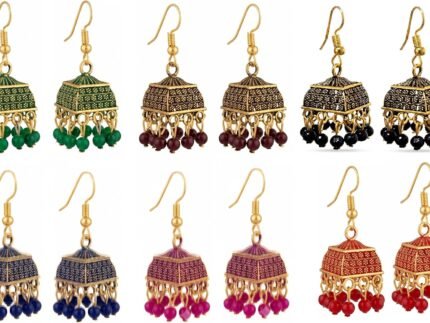 Indian Gold Oxidized Dangle Boho Small Hook Earrings for Women Pack of 6