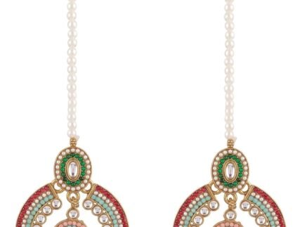 Indian Gold Pearl Jhumka Dangle Earrings with Kaan Chain Support for Women