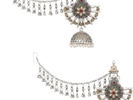 Indian Silver Oxidized Bahubali Kaan Chain Jhumka Earrings for Woman Ethnic Traditional Indian Partywear Jhumka Chandbali Wedding Earrings Birthday Gifts