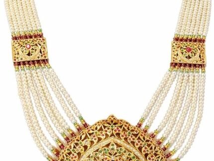 Jadau Rani Haar Set with Navratna Stones, 22 Carat Gold Polish, Pearl Strand Necklace and Chandbali Earrings, Hyderabadi Indian Bollywood Style