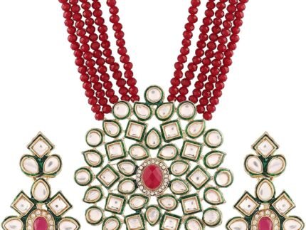 JewarHaat Necklace Layered Onyx Crystal Beads Gold Plated Pearl Polki Ad Cz Gold Tone Meena Work With Matching Earrings Long Jewelry Set For Women And Girls