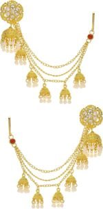 Jhumkas Indian Earrings with kundan Gold Hair Chain Layered Faux Pearl Charms Wedding Jewelry for Women