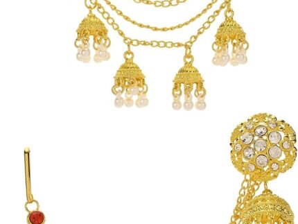 Jhumkas Indian Earrings with kundan Gold Hair Chain Layered Faux Pearl Charms Wedding Jewelry for Women