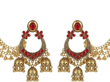 Jhumki CZ Flower Tassel Oval Statement Dangle Drop Earrings Gold-tone Boho Beaded Hair Chain for Women Vintage Jhumka Chandelier Dangling Bell Ethnic Gypsy Trendy Indian Jewelry