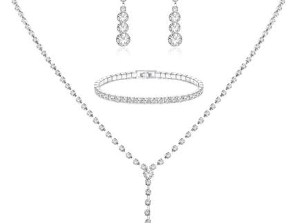 Jstyle Silver Bridal Jewelry Set for Women Rhinestone Necklace Dangle Earrings Bracelet Set Wedding Jewelry Sets for Brides Bridesmaid Crystal Prom Costume Jewelry Accessories for Women