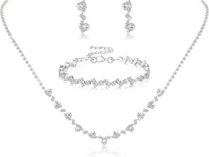 Jstyle Silver Bridal Wedding Jewelry Set Crystal Necklace Bracelet Dangle Earrings Set for Bride Bridesmaid Rhinestone Necklace Prom Costume Jewelry Set Accessories for Women