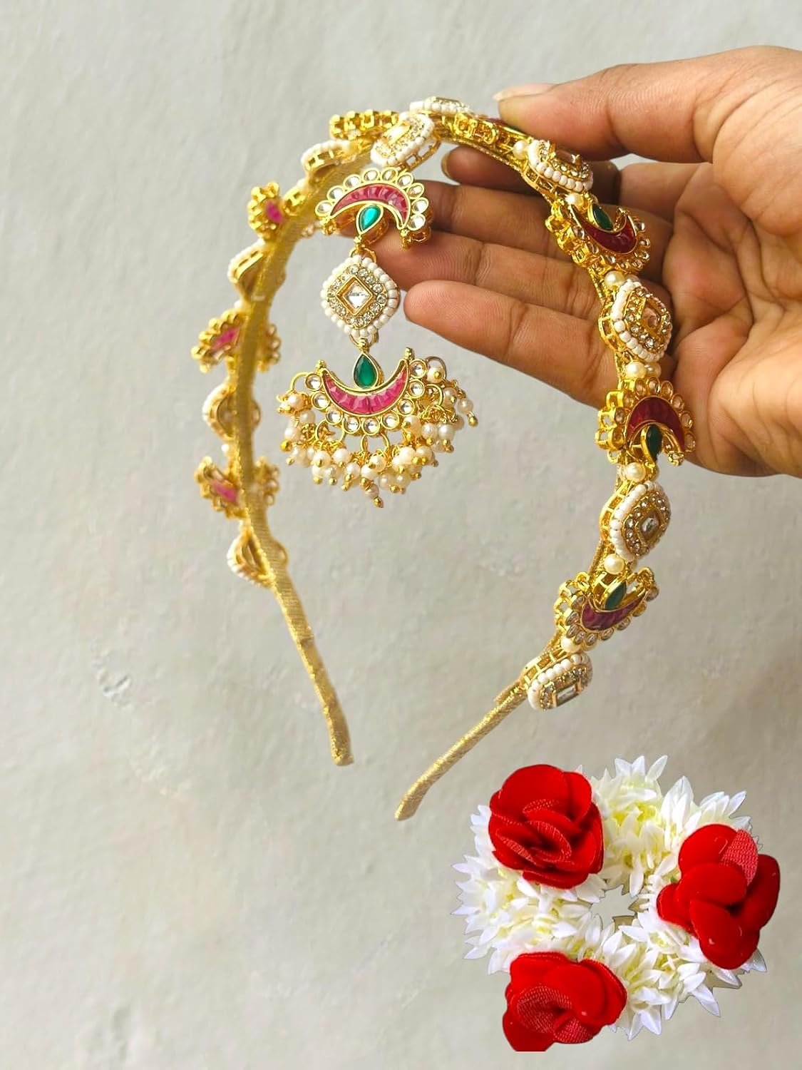 Kundan Headband Sabyasachi Inspired Indian Hairband with Attached Maang Tika/Borla, Matha patti Sheeshpatti Tikka & Scented Gajra Scrunchies Hair Accessory Women (Full headband) Kundan Headband Sabyasachi Inspired Indian Hairband with Attached Maang Tika/Borla, Matha patti Sheeshpatti Tikka & Scented Gajra Scrunchies Hair Accessory Women (Full headband)