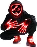 LED Mask Gloves Shoelace Set, Red & Blue Halloween Costume Rave Cosplay Kit