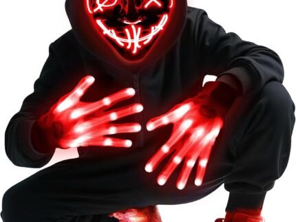 LED Mask Gloves Shoelace Set, Red & Blue Halloween Costume Rave Cosplay Kit