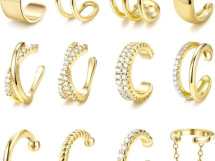 LOLIAS 12Pcs Ear Cuffs Non Piercing – 14K Gold Plated Ear Cuff Earrings for Women Adjustable Earring Cuffs for Non Pierced Ears Clip on Cartilage Earring Fake Earrings Set