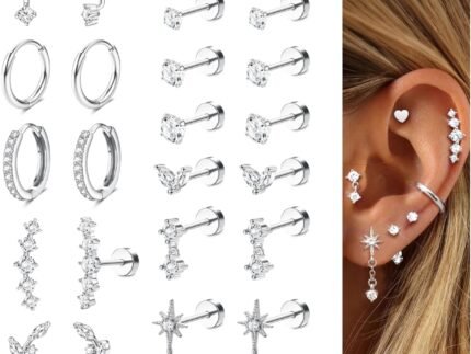 LOLIAS Hypoallergenic Flat Back Earrings-Cartilage Earring Stacks-Surgical Steel Earrings for Sensitive Ears – Small Stainless Steel Flatback Stud Hoop Earring Sets for Helix Tragus Conch Daith Multiple Piercing Jewelry Trendy