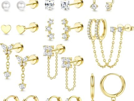 LOLIAS Hypoallergenic Flat Back Earrings Set for Women-Surgical Stainless Steel Earrings for Sensitive Ears-14K Gold Plated Chain Cartilage Earring Stacks Flatback Stud Hoop Earring Sets for Multiple Piercing Jewelry