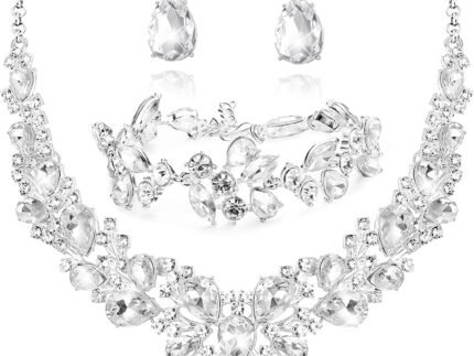 LOYALLOOK Teardrop Cluster Rhinestone Crystal Bridal Jewelry Set for Women