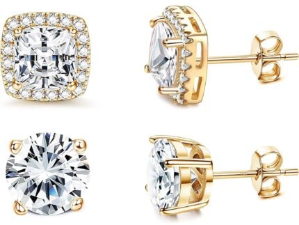MILACOLATO S925 Sterling Silver Stud Earrings for Women Men Hypoallergenic 18K Gold Plated Cubic Zirconia Earrings Studs Brilliant Simulated Diamond Halo Earring for Sensitive Ears