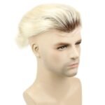 Men’s Toupee 10″×8″ European Virgin Human Hair Brown Roots Ombre #60 Platinum Blonde Color Toupee for Men Thin Skin Hairpieces Hair Replacement System Monofilament Net Base for Men