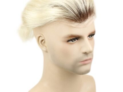 Men’s Toupee 10″×8″ European Virgin Human Hair Brown Roots Ombre #60 Platinum Blonde Color Toupee for Men Thin Skin Hairpieces Hair Replacement System Monofilament Net Base for Men