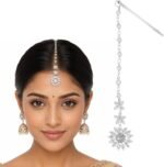 Mikovivi Silver-Colored Indian Maang Tikka Chain & Hair Clip for Women