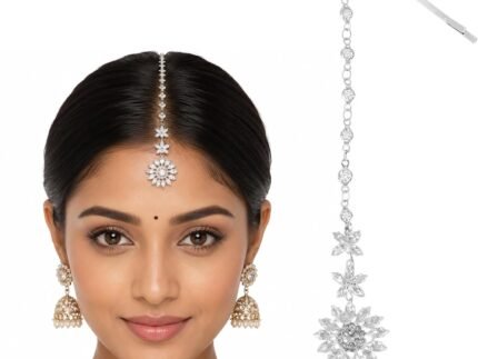 Mikovivi Silver-Colored Indian Maang Tikka Chain & Hair Clip for Women