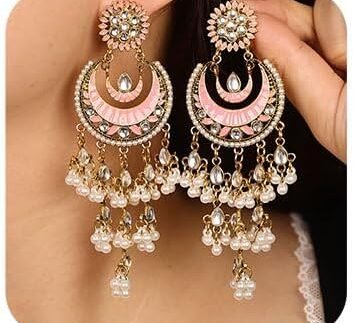 Missgrace Bohemian Indian Red Blue Rhinestone Dangle Teardrop Tassel Moon Long Earrings for Women Vintage Retro Chandelier Faux Pearls Earrings Beaded Crystal Jhumka Jhumki Tassel Studs Traditional Earrings for Women