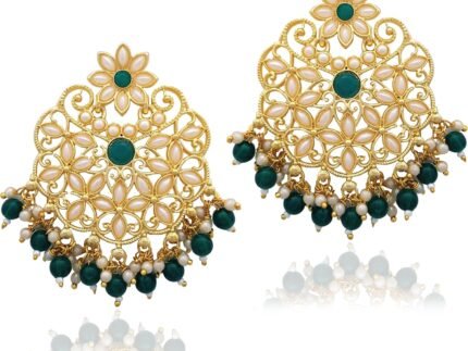 Moonstruck Traditional Indian Golden Chandbali/bali Earrings with Meenakari & Pearls for Women (Green)