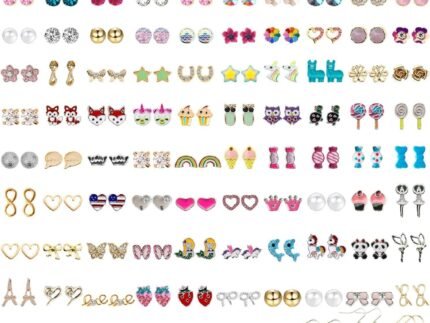 NEWITIN 100 Pairs Colorful Cute Earrings for Girls Sensitive Ears Hypoallergenic Girl Stud Earrings Set Stainless Steel Cartoon Stud for Girls and Women