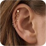 NOKMIT 14K Gold Ear Chain Connectors, Triple Layer Set for Double Piercing