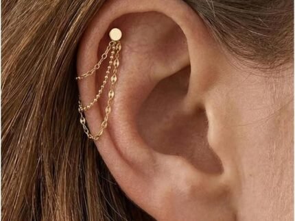 NOKMIT 14K Gold Ear Chain Connectors, Triple Layer Set for Double Piercing