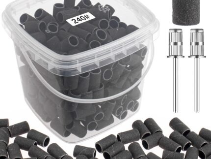 Nail Sanding Bands 240 Grit Extreme Fine 200Pcs Black Professional Bands and 2Pcs Nail Drill Bits for Manicures and Pedicure