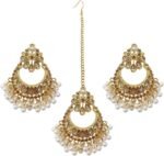 NewZenro Vintage Crystal Kundan Chandbali Drop Earrings with Maang Tikka for Women Boho Flower Pearl Beaded Tassel Indian Traditional Bollywood Bridal Wedding Party Bharatanatyam Fashion Jewelry
