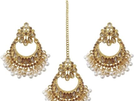 NewZenro Vintage Crystal Kundan Chandbali Drop Earrings with Maang Tikka for Women Boho Flower Pearl Beaded Tassel Indian Traditional Bollywood Bridal Wedding Party Bharatanatyam Fashion Jewelry