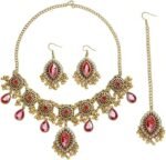 OIDIMS Boho Indian Jewelry Set for Women Bride Crystal Maang Tikka Charm Choker Neckalce Bollywood Ethnic Earring Fashion Jhumka Wedding Costume Ethnic Traditional Marriage Kundan Diwali Polki