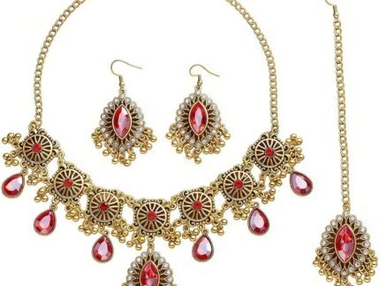 OIDIMS Boho Indian Jewelry Set for Women Bride Crystal Maang Tikka Charm Choker Neckalce Bollywood Ethnic Earring Fashion Jhumka Wedding Costume Ethnic Traditional Marriage Kundan Diwali Polki