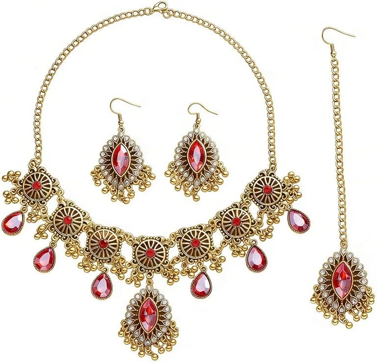 OIDIMS Boho Indian Jewelry Set for Women Bride Crystal Maang Tikka Charm Choker Neckalce Bollywood Ethnic Earring Fashion Jhumka Wedding Costume Ethnic Traditional Marriage Kundan Diwali Polki OIDIMS Boho Indian Jewelry Set for Women Bride Crystal Maang Tikka Charm Choker Neckalce Bollywood Ethnic Earring Fashion Jhumka Wedding Costume Ethnic Traditional Marriage Kundan Diwali Polki