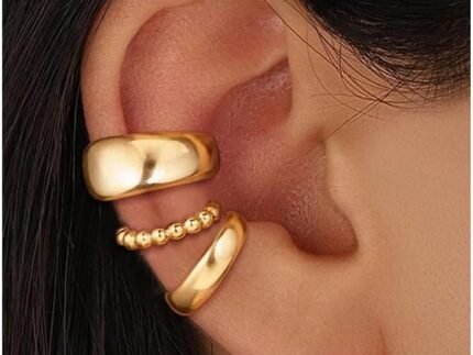 OOOPEL 3 Pairs 14K Gold Plated Ear Cuffs Non Piercing Lightweight Stackable Chunky Earring Cuff for Women Adjustable Non-Fading Fake Earrings Suitable for Christmas Gift