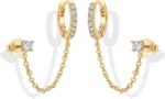 PAVOI 14K Gold Chain Earrings for Women | Double Piercing Dangle Chain Huggie Hoop Earrings | Cubic Zirconia Pearl Stud Ear Earrings for Women