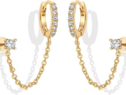 PAVOI 14K Gold Chain Earrings for Women | Double Piercing Dangle Chain Huggie Hoop Earrings | Cubic Zirconia Pearl Stud Ear Earrings for Women
