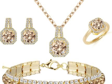 Paxuan 4pcs Cubic Zirconia Wedding Jewelry Sets for Bride Bridesmaid Cubic Zirconia Pendant Necklace Earrings Link Tennis Bracelet Open Ring Set for Women