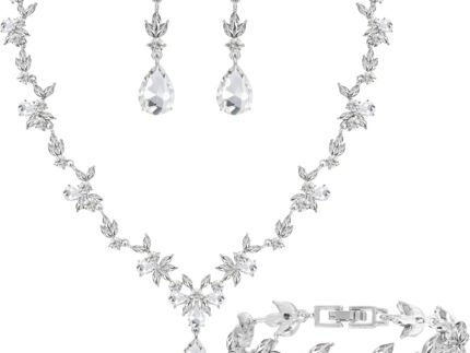 Paxuan Bridal Wedding Elegant Floral Jewelry Set for Women/Brides/Bridesmaids Crystal Jewelry Set for Wedding Prom Party Bridal Crystal Necklace Earrings Bracelet Set