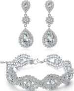 Paxuan Silver/Gold Plated Bridal Wedding Rhinestone Earrings Bracelet Set for Wedding Brides Bridesmaids Crystal Stone Dangle Drop Earrings Link Tennis Bracelet Set for Women Wedding