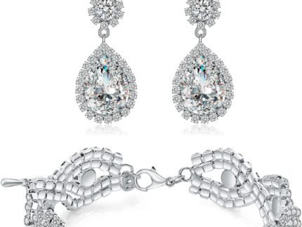 Paxuan Silver/Gold Plated Bridal Wedding Rhinestone Earrings Bracelet Set for Wedding Brides Bridesmaids Crystal Stone Dangle Drop Earrings Link Tennis Bracelet Set for Women Wedding