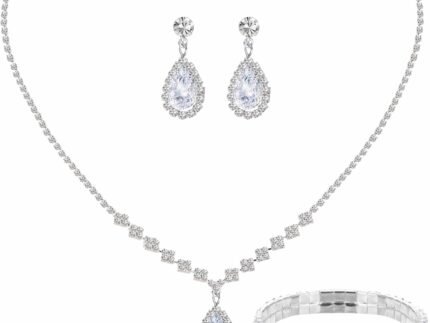 Paxuan Silver/Gold Rhinestone Crystal Wedding Bridal Bridesmaids Earrings Bracelet Set for Women Brides Bridesmaids Crystal Rhinestone Bracelet Earrings Set for Wedding Bridal Prom Pageant