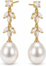 Pearl Dangle Drop Earrings for Women, 14K Gold Plated Leaf Cubic Zirconia Long Pearl Earrings for Wedding Bridal Prom Jewelry Gifts