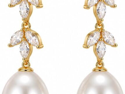 Pearl Dangle Drop Earrings for Women, 14K Gold Plated Leaf Cubic Zirconia Long Pearl Earrings for Wedding Bridal Prom Jewelry Gifts