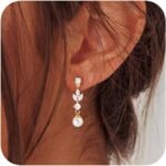 Pearl Dangle Earrings for Women, Dainty Wedding Bridal Earrings 14k Gold Plated Pearl Drop Earrings for Women Trendy Long Pearls Earrings Fashion Formal Prom Jewelry Gifts for Women