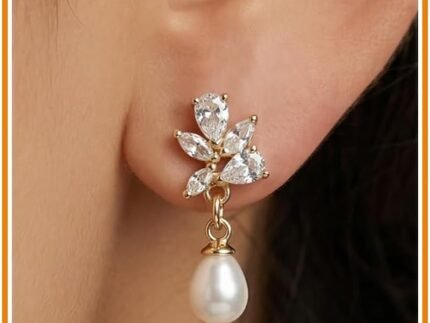 Pearl Earrings – 14K Gold/White Gold/Rose Gold Plated Cubic Zirconia CZ Diaomond Accented Pearl Drop Dangle Earrings for Women Wedding Bridal Prom