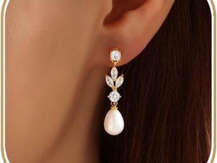 Pearl Earrings for Women, 14k Gold Plated Trendy Diamond Pearl Drop Earrings Bridal Shower Gifts Wedding jewelry for Women