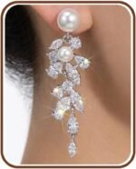 Pearl Earrings for Women Dangle, CZ Drop Earrings, 14K Gold Plated Floral Dangle Earrings, Hypoallergenic Lightweight Bridal Wedding Earrings, Elegant Jewelry Gift for Women